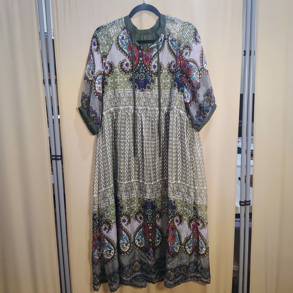 Boho Paisley Midi Dress Womens XXL Green Peasant Festival Cottagecore Flowy Fall